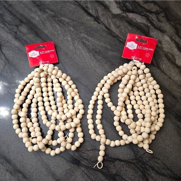 2 x 9ft Natural Brown Wooden Bead Christmas Garland Bundle, Holiday Time - Picture 1 of 4